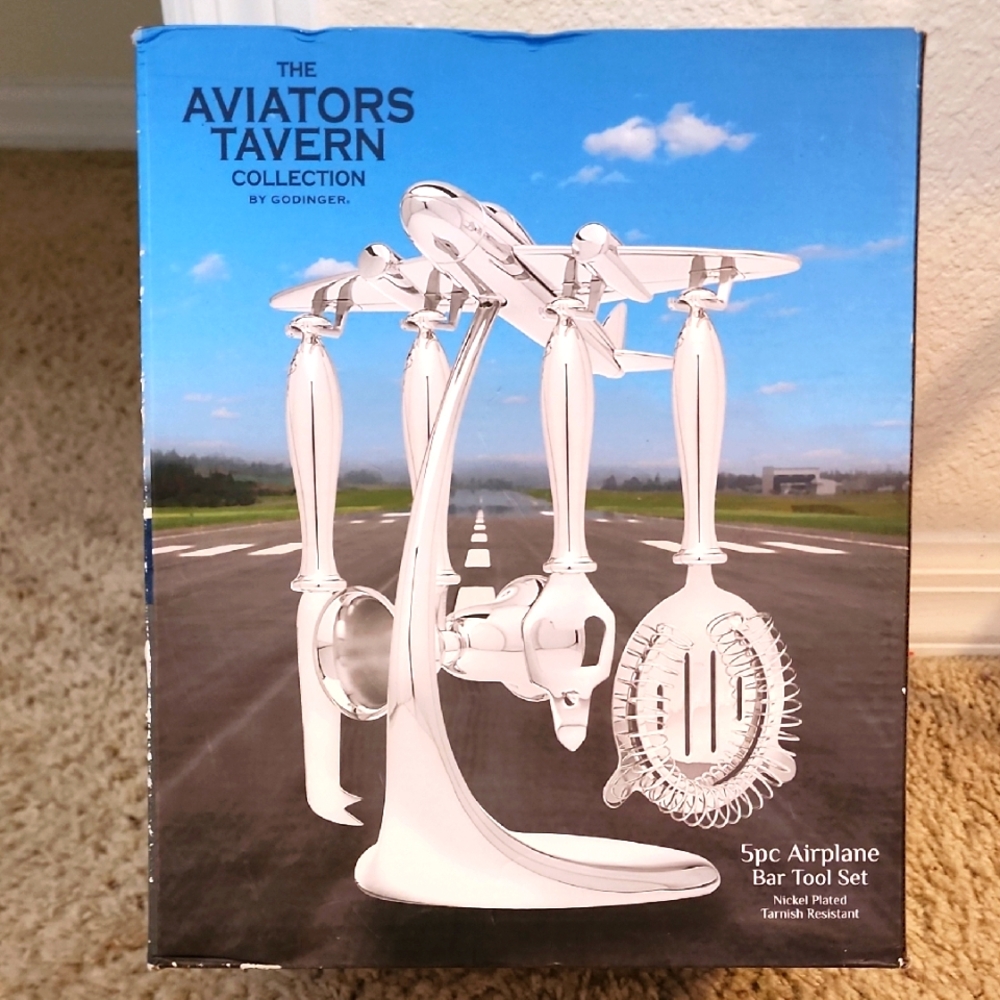 Godinger Aviators Tavern Collection 5-piece Chrome Airplane Bar Tool Set NEW